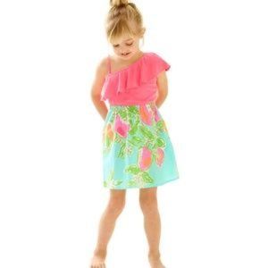 Lilly Pulitzer Girls Runa One Shoulder Dress - M (6-7) Pool Blue Pink Lemonade